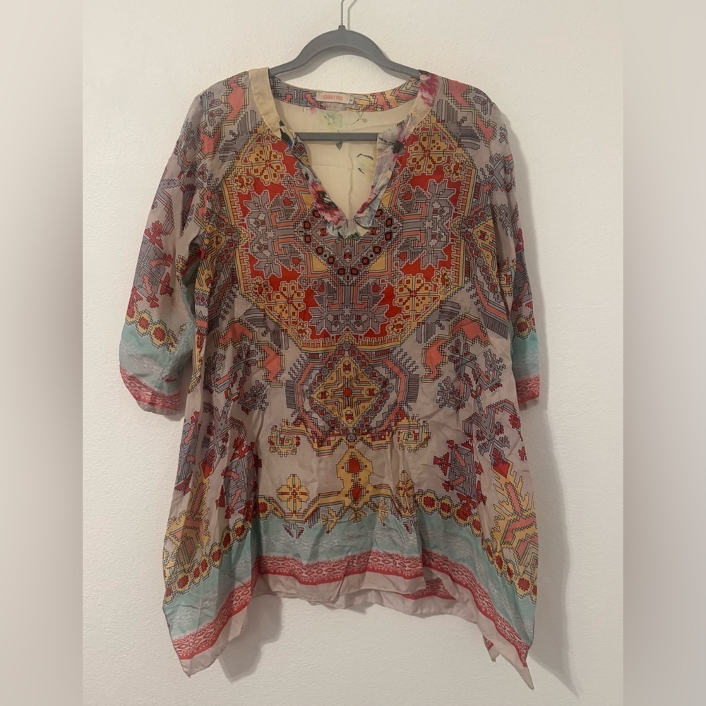 Johnny Was Silk Alamo Floral Indian Print Geometric Tunic Top Flowy Small *Read